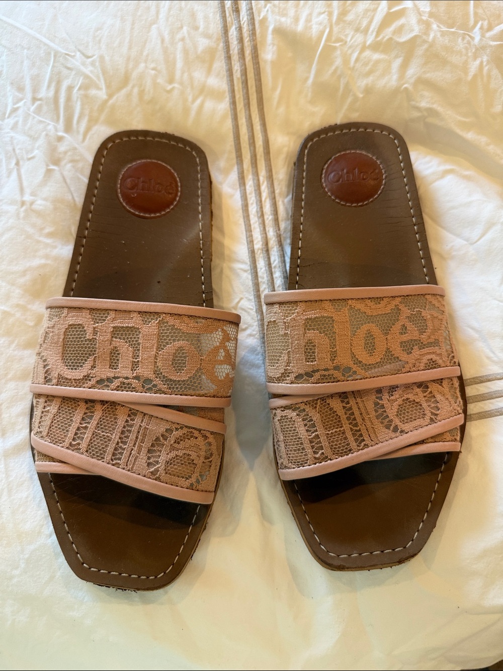 Chloé Blush Pink Lace Slide Sandals